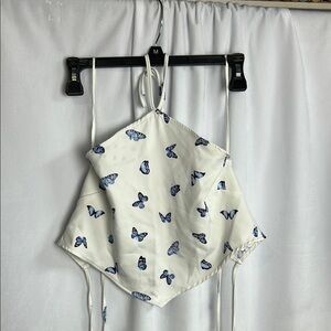 H&M White Top with Blue Butterfly Design